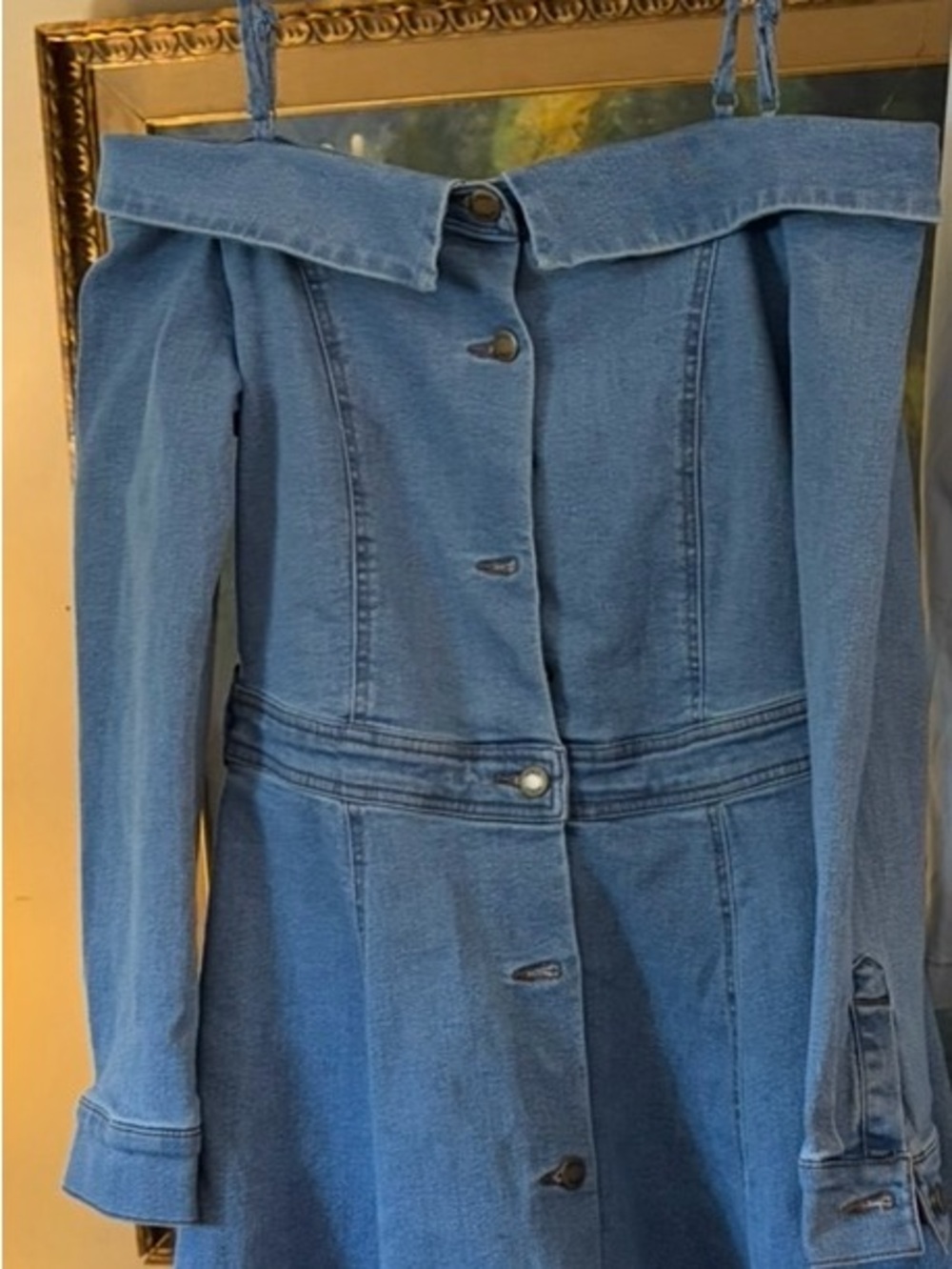 Venus off the -Shoulder Denim Button-Front Dress Jacket in Light Blue size 6